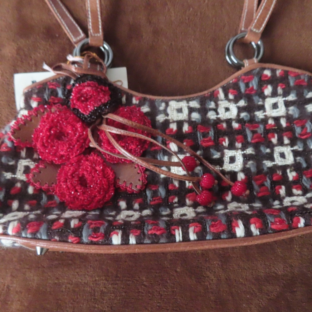 Isabella Fiore Red Flower Beaded Black White Grey 12 x 6.5 x 3" Handbag NWT